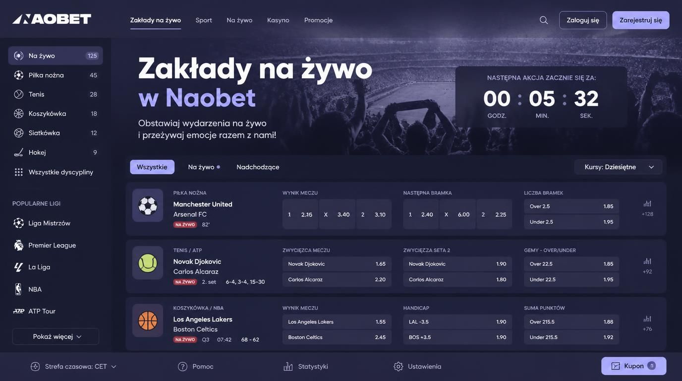 Interfejs zakładów na żywo z areną sportową w tle.