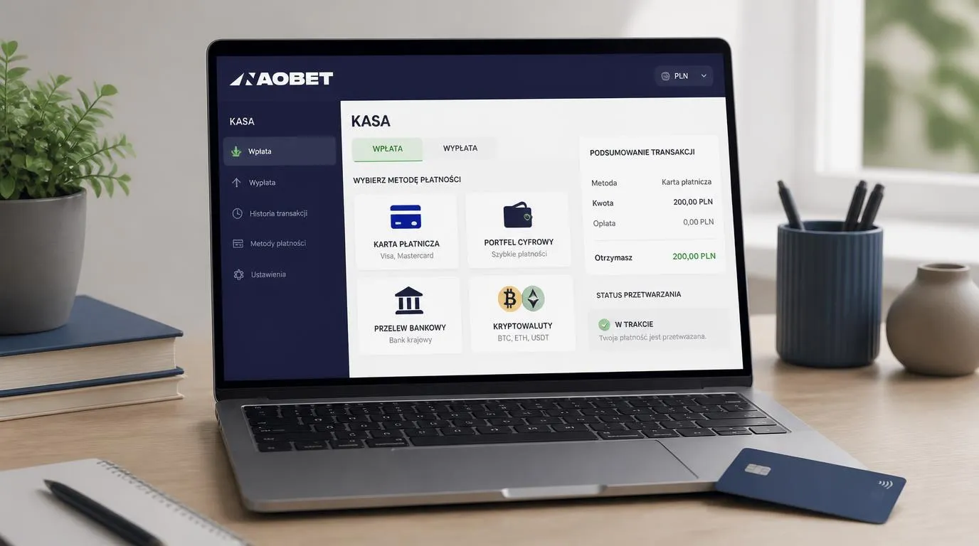 Panel kasjera z kartą płatniczą, portfelem elektronicznym i wyborem przelewu w PLN