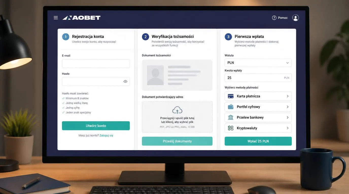 Panel konta kasyna z formularzem rejestracji, weryfikacją dokumentów i wpłatą 25 PLN