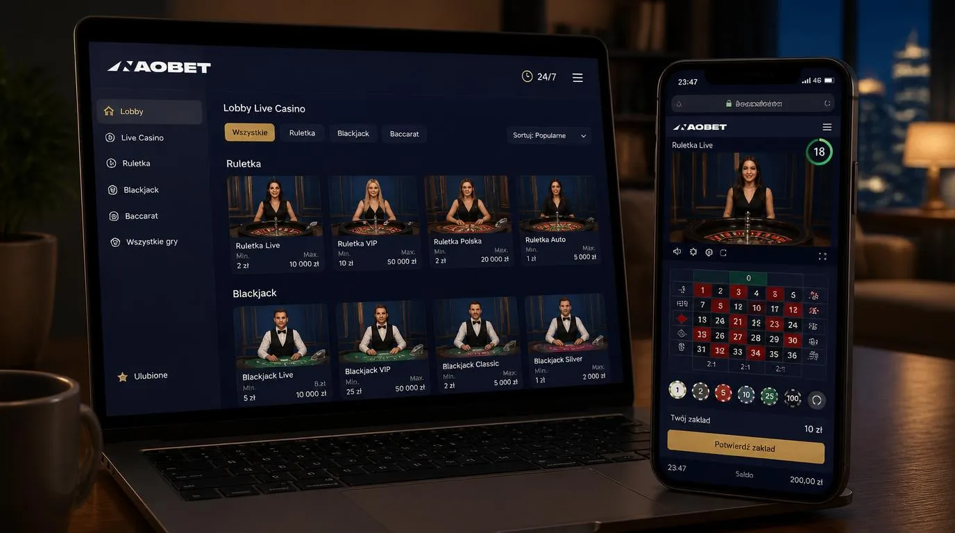 Lobby kasyna live na laptopie i telefonie z transmisją krupiera oraz widocznymi limitami stołów